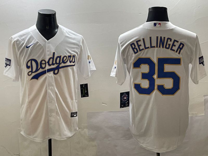 Men Los Angeles Dodgers #35 Bellinger White Gold Game 2025 Nike MLB Jersey style 5